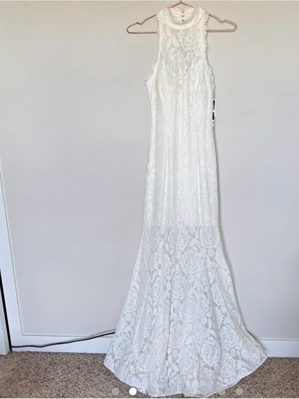 Betsy & Adam White High-Neck Lace Mermaid Wedding Dress - Picture 2 of 6